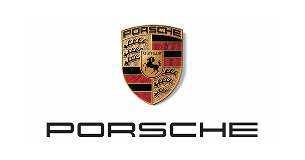 Logo-ul Porsche în culorile negru, roșu și auriu, cu stema orașului Stuttgart pe fond alb.