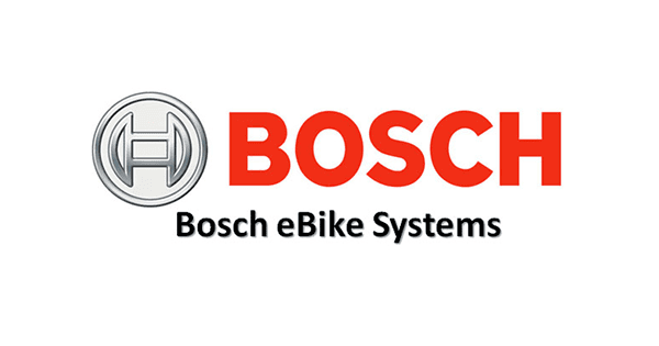 Logo-ul Bosch, textul negru „Bosch eBike Systems” sub inscripția roșie „BOSCH”, emblemă argintie în stânga.