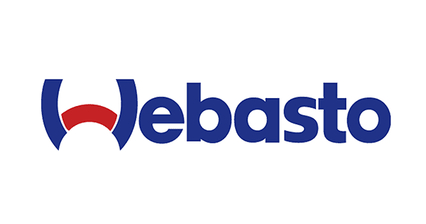 Logo-ul Webasto în albastru, cu un „W” roșu stilizat în formă de semicerc.