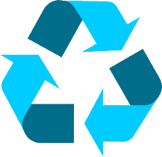 Simbolul reciclării în albastru, cu trei săgeți dispuse în formă de triunghi, simbol al economiei circulare durabile.