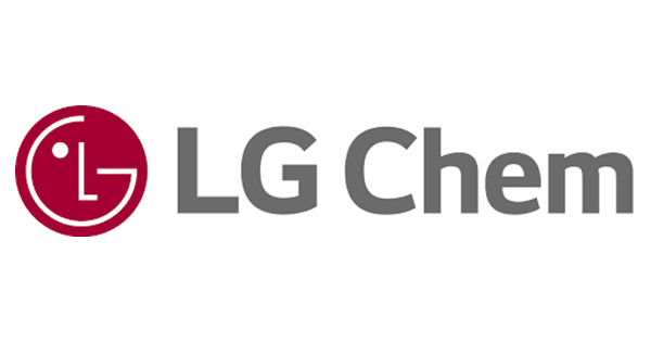 Logo-ul LG Chem, simbol roșu în stânga, text gri în dreapta, design simplu.