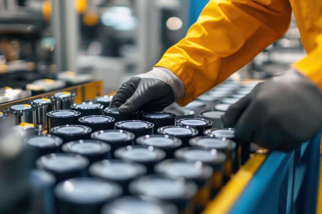Baterie cu litiu, muncitori din fabrică care manipulează componente cilindrice în cadrul procesului de fabricație